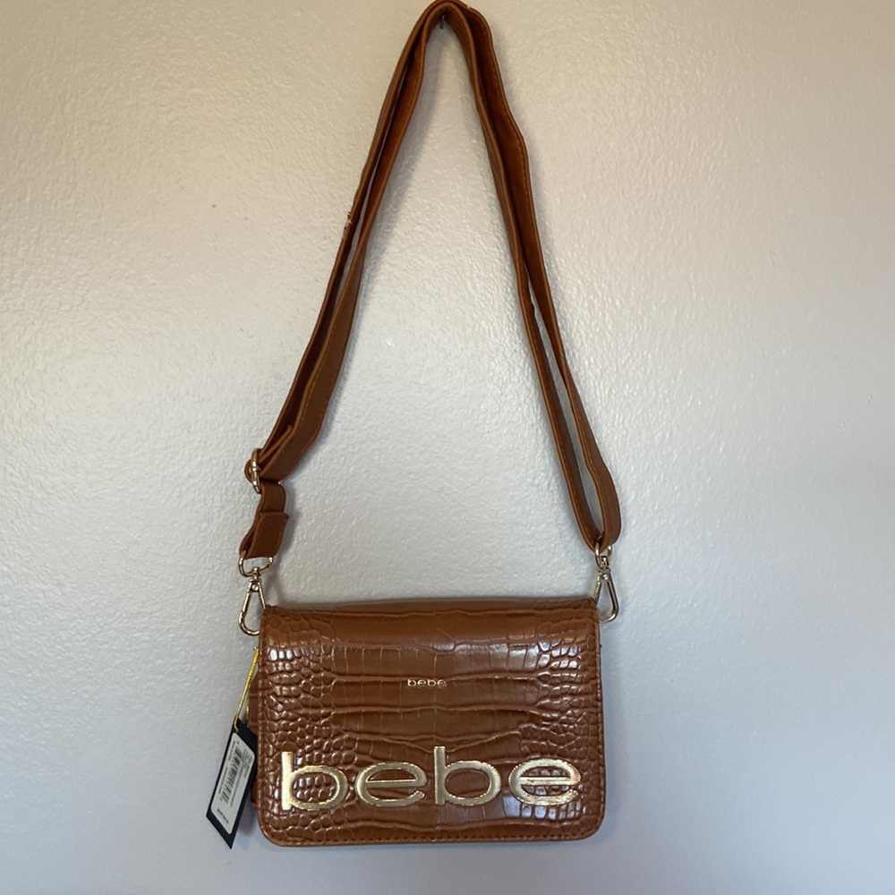 bebe Croc Embossed Crossbody Bag Camel Brown Logo Y2K Shoulder Purse - Picture 3 of 15